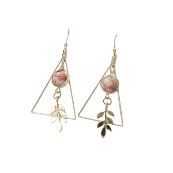 14k Gold Plated Hollow Triangle Shape Bead Decor Dangle Earrings - Picture 2 of 4